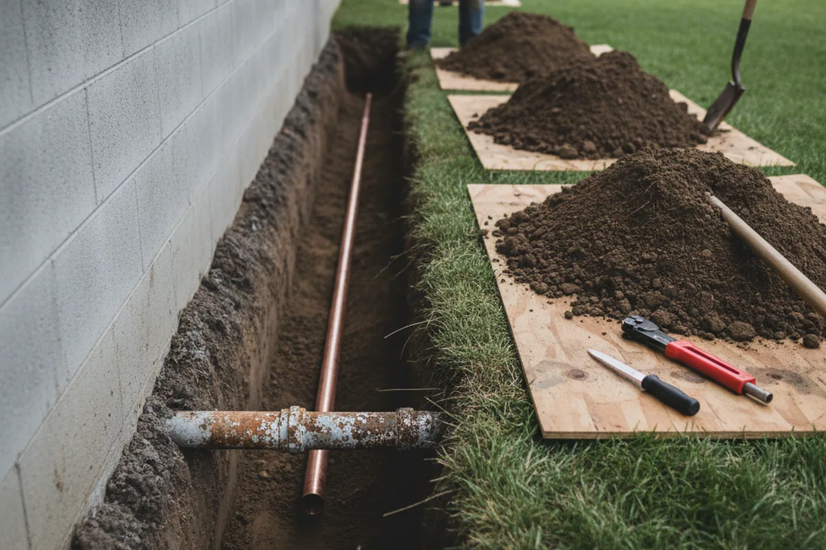 Excavated water line trench during Sewer Line Repair in Mirror Lake